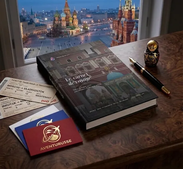 Le carnet de voyage Aventurusse, posé sur un bureau devant la place Rouge